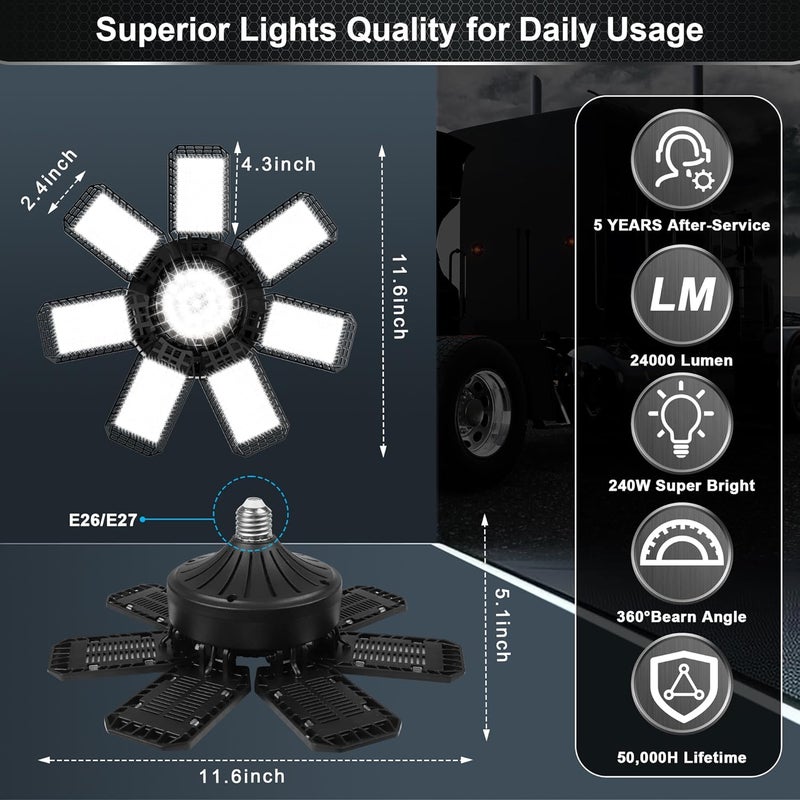 AUDLES 1 Pack LED Garage Light, 240W 24000LM 6500K LED Shop Lights, Garage Lights Ceiling Led with 7+1 Deformable Panels, E26/E27 Bulb Socket Lighting for Shop, High Bay, Attic, Basement, Warehouse - Image 4